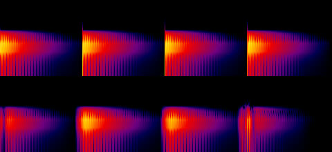 Dos espectrogramas apilados: arriba cuatro pulsos con frentes verticales nítidos, abajo los mismos pulsos con los frentes desdibujados y la energía extendida horizontalmente