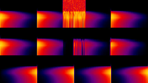 Tres espectrogramas apilados: en el primero el tercer pulso es un estallido de ruido que llega arriba y el cuarto pulso vuelve a la normalidad; en el segundo el tercer pulso es una veta fina y el cuarto queda distinto del original; en el tercero los cuatro pulsos tienen el ataque del lado derecho