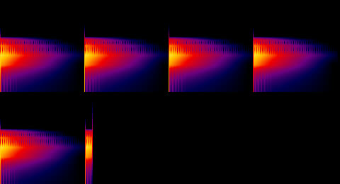 Dos espectrogramas apilados: arriba cuatro pulsos completos, abajo un pulso entero, un segundo pulso reducido a una línea vertical fina, y después nada más que negro