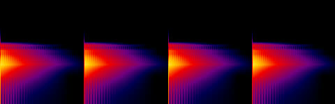 Espectrograma de cuatro pulsos: cada uno tiene un frente vertical brillante y una cola que se apaga hacia la derecha