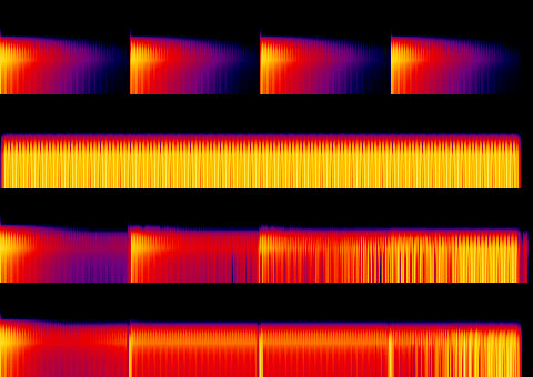 Cuatro espectrogramas apilados: pulsos discretos separados, una banda continua, una transición que se va llenando de a poco, y una que se llena mucho antes