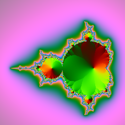 El fractal de Mandelbrot en color: fondo magenta, banda de borde amarilla, y relleno con degradé de verde, rojo y amarillo