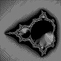 El fractal reducido a un bit por píxel con difusión de error Atkinson: solo negro y blanco, patrón de puntos con textura diagonal