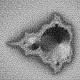 El mismo fractal a un bit por píxel con difusión de error por curva de Hilbert: solo negro y blanco, patrón de puntos más denso y parejo que el de Atkinson
