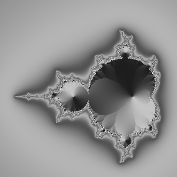 Fractal de Mandelbrot en escala de grises con el borde fractal en detalle fino, sombreado que va de gris claro en el fondo a negro en el interior