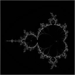 Fondo negro casi total con solo los contornos del fractal marcados en trazos blancos finos, sin relleno