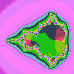 El fractal en color reducido a 16 colores: fondo magenta y el interior en bandas visibles de verde, amarillo, naranja y rojo oscuro, el degradé original se nota escalonado